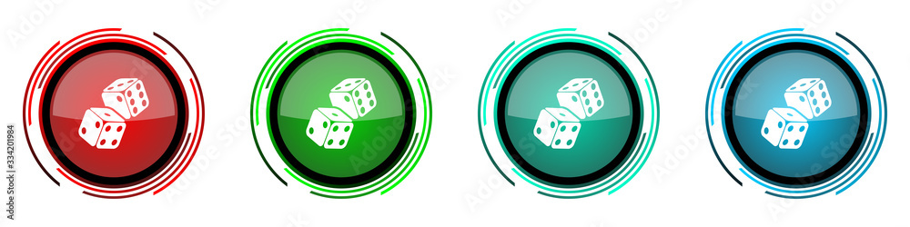 Leinwandbilder Dice, casino round glossy vector icons, set of buttons for webdesign, internet and mobile phone applications in four colors options isolated on white background