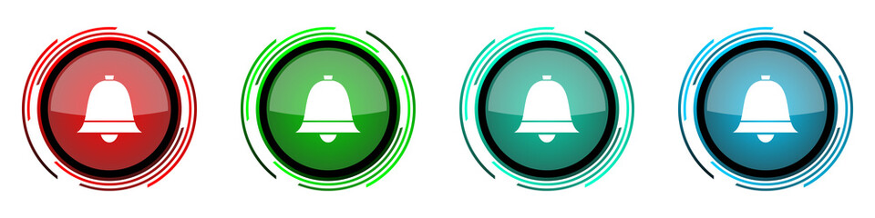 Bell, ring, alarm round glossy vector icons, set of buttons for webdesign, internet and mobile phone applications in four colors options isolated on white background