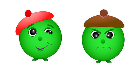 A set of emotions . The smiley is green. Mischievous, angry. Vector