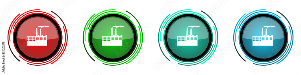 Leinwandbilder factory round glossy vector icons, industrial building, plant, pollution set of buttons for webdesig