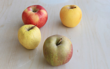 Fresh apples fruits isolated on wood kitchen table natural light ingredient for healthy cooking