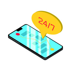 24\7 service concept or delivery in isometric vector illustration. 24-7 round the clock or nonstop customer support background. Template for web banner, customer care app