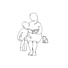 Hand drawn monochrome line art illustration with granny and a girl reading. Stay home conception. Family relations.
