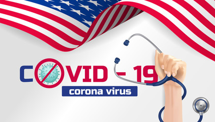 Protest with raised arm fist to stop Covid's disease. Cheers for doctors to fight covid disease in the United States. Covid Disease In Usa. Illustration of covid-19
