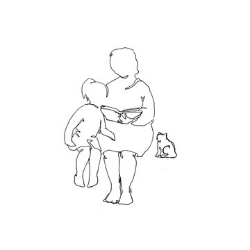 recommend clip art: Hand drawn monochrome line art illustration with granny and a girl reading. Stay home conception. Family relations.