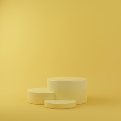 cylinder podiums on yellow background. Abstract minimal scene with geometrical. Scene to show cosmetic products presentation. Mock up design empty space. Showcase, shopfront, display case,3d render