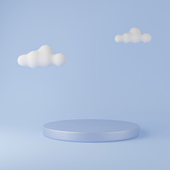 Blue cylinder podium & white cloud platforms for cosmetic product presentation. 3d rendered illustration with geometric shapes. mock up minimal design with empty space. Abstract composition modern