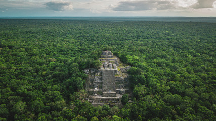 Aerial view of the pyramid, Calakmul, Campeche, Mexico. Ruins of the ancient Mayan city of Calakmul surrounded by the jungle - obrazy, fototapety, plakaty
