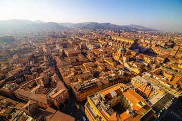 Aerial cityscape view from "Due torri" or two towers, Bologna, province Emilia-Romagna, Italy