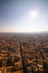 Aerial cityscape view from "Due torri" or two towers, Bologna, province Emilia-Romagna, Italy