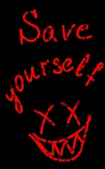 a call save yourself, Stay home, quarantine, self isolation, virus, motto, tagline, neon, be healthy, covid-19 red on black