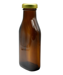 Braune Flasche mit Medizin verschlossen schräg von Hinten