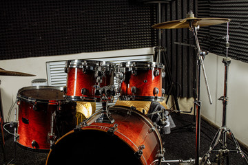 Fototapeta na wymiar drums in recording studio, professional musical equipment, arts culture and entertainment, musical instrument, music concept