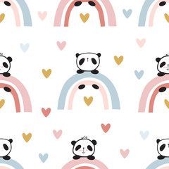 Cool seamless pattern with hand drawn cute pandas on the rainbow. Baby design for kids apparel, nursery wall art, kids textile, wallpapers, gift wrap and scrapbook. Vector.