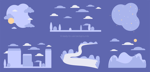 Set of landscape at night banner with trees creator background for illustration