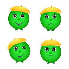 Set of different emotions, face,green smiley, isolated, white. vector