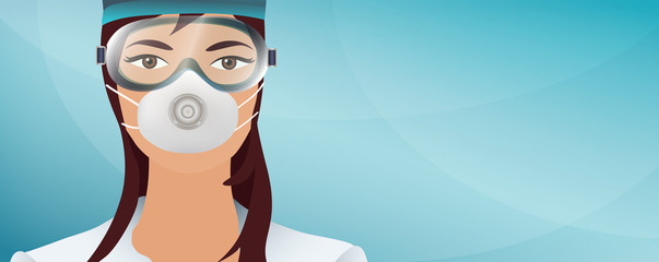 Portrait Doctor or Nurse protecting himself with a mask and medical glasses against coronavirus. Banner. Medical and nursing staff. Panorama. Communication. Sanitary emergency. Copy space