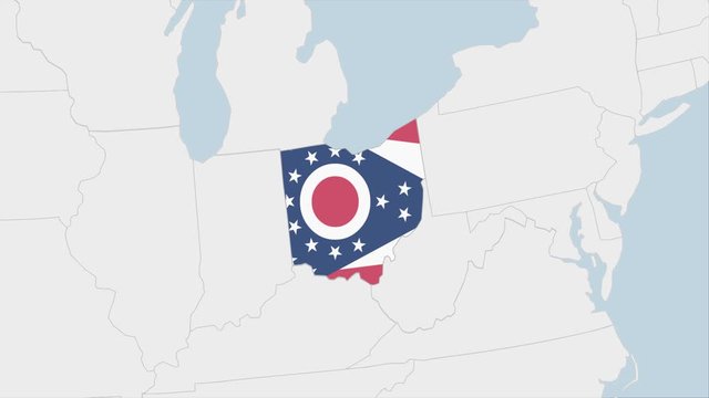 US State Ohio map highlighted in Ohio flag colors and pin of country capital Columbus.