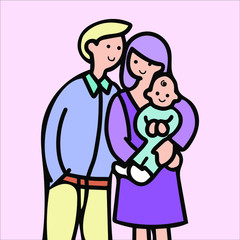 Happy family. Father and Mother holding their baby together. Vector illustration in cartoon style.