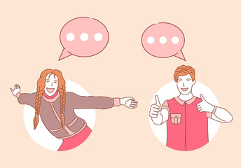 Happy boy and girl exchanging messages vector cartoon outline illustration.