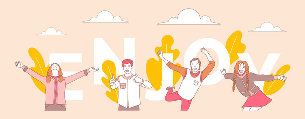 Enjoy word concept banner template. People dancing, showing thumbs up, standing with open arms.