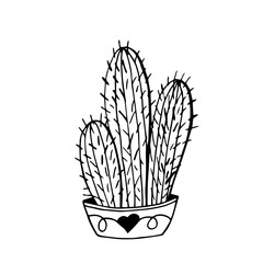Vector hand drawn outline cactuse in flowerpot. Cute hand drawn cactus print isolated on white. Doodle illustration.