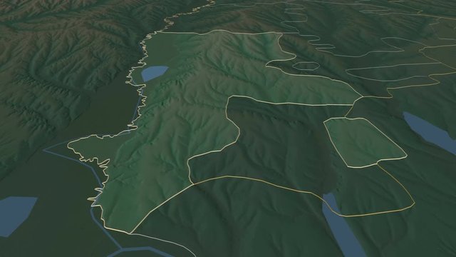 Cahul, district with its capital, zoomed and extruded on the relief map of Moldova in the conformal Stereographic projection. Animation 3D