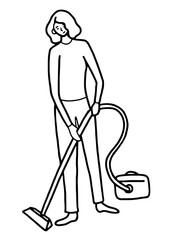 Hand drawn vector illustration. Woman with a vacuum cleaner. Cleaning service concept. Logotype or sign of Housework. Black outline graphic picture isolated in white. Doodles, flat, simple style.