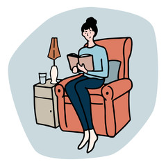 Hand drawn vector illustration. Woman is sitting in a comfortable chair and reading a book. Favorite home hobby concept. Colored cartoon graphic picture isolated in white. Doodles, flat, simple style.