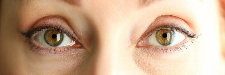 Letterbox view of pretty female orange green coloured amazing eyes