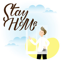 Boy waving hand trough window. Stay home lettering. Corona virus, covid-19, isolation concept. Safety alert banner. Vector illustration