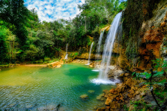Salto Socoa waterfall in the rainforest, Monte Plata, Dominican Republic