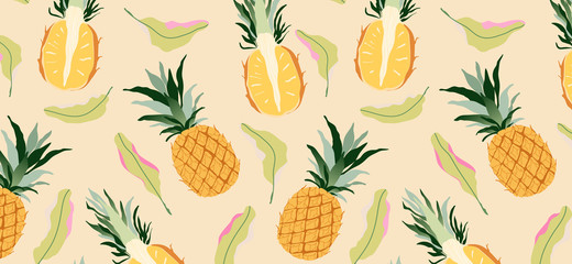 Pineapples and leaves on yellow seamless pattern. Modern tropical exotic fruit design for wrapping paper, textile, banner, web, app. Bright juicy yellow pineapple fruits and soft green leaves. - obrazy, fototapety, plakaty