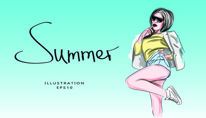 Vector illustration on the theme of summer and vacation. A beautiful girl in bright clothes and with a beautiful figure is posing beautifully, standing in shorts and a jacket. View from the bottom up.