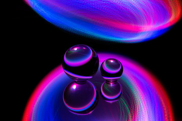 Abstract image of glass spheres under neon lights