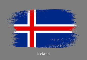 Iceland republic official flag in shape of paintbrush stroke. Icelandic national identity symbol. Grunge brush blot isolated on grey background vector illustration. Iceland country patriotic stamp.