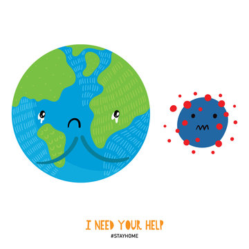 Coronavirus concept. Illustration of sad planet Earth and virus. Protection campaign or measure from coronavirus.Corona virus self-quarantine. Isolation period at home.