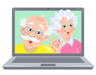 Grandfather and grandmother on a laptop screen. Video chat online. Internet communication during quarantine. In cartoon style. Vector illustration