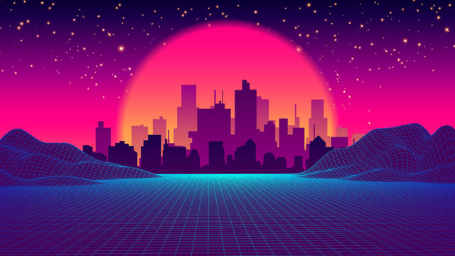 Retro Future Of The 80s 1980s Retro Futuristic Background Style. Road To The City At Sunset In The Style Of The 1980s. Digital Retro Cityscape Sci-Fi Summer Landscape. Digital Landscape In Cyber World