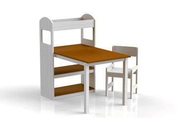 Furniture for children. Table with whatnot. Highchair. 3D render.