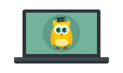 Distance learning. Vector illustration of a laptop with a wise owl, symbol of distance learning. Quarantined Learning