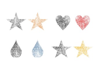 Isolated icons set. Different shapes: star, heart, drop.