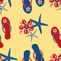 Flip flop shoe seamless vector pattern background. Stylish sandals, starfish, cowrie shell backdrop. Red, blue, yellow beach. Hot summer all over print for oceanside vacation, seaside resort concept