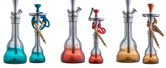 Isolated hookah or water pipes on white background. Colorfull sets of traditional handcrafted shisha