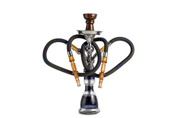 Isolated handcrafted hookah or water pipe on clear white background. Diferent parts of traditional shisha.