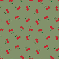 seamless pattern with the red cherries. sweet red rip cherry berries on green background.