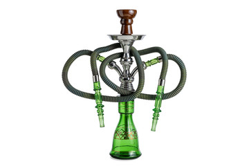 Isolated handcrafted hookah or water pipe on clear white background. Diferent parts of traditional shisha.