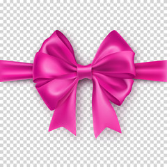 Pink gift bow from satin tape isolated on transparent background. Realistic decoration for romantic holidays presents. Valenyine's realistic object from shiny silk vector illustration.