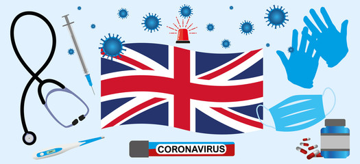 Fototapeta na wymiar Vector illustration of a coronavirus epidemic in England.Protective mask, gloves, medicines and medical equipment.England's flag and coronavirus blood sample.Coronavirus 2019-nCoV.Graphic element.