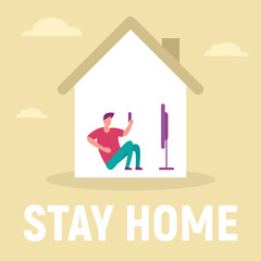 The man in the house is inside watch movies and TV shows. Vector concept with man on quarantine and self isolation watch movies and TV shows. Stay home